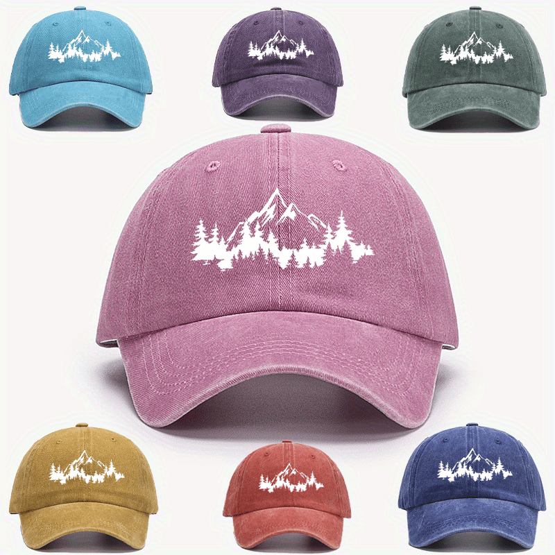 

Vintage Washed Baseball Cap With Mountain & Forest Silhouette Print, Distressed Dad Hat, Adjustable Outdoor Sports Hat, Unisex Casual Headwear