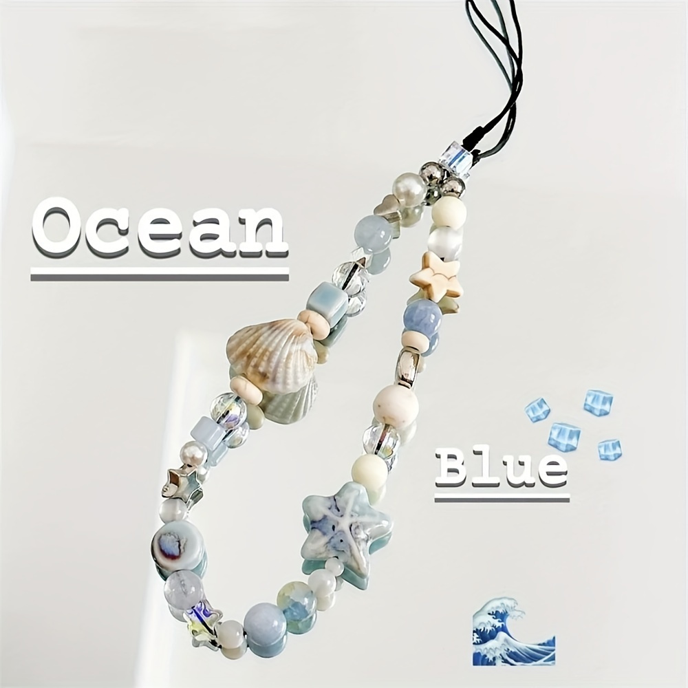 

Blue Star Seashells Beaded Phone Strap Cute Charm Chain Flower Phone Lanyard Keychain Woman Girl Bag Pendant For Case