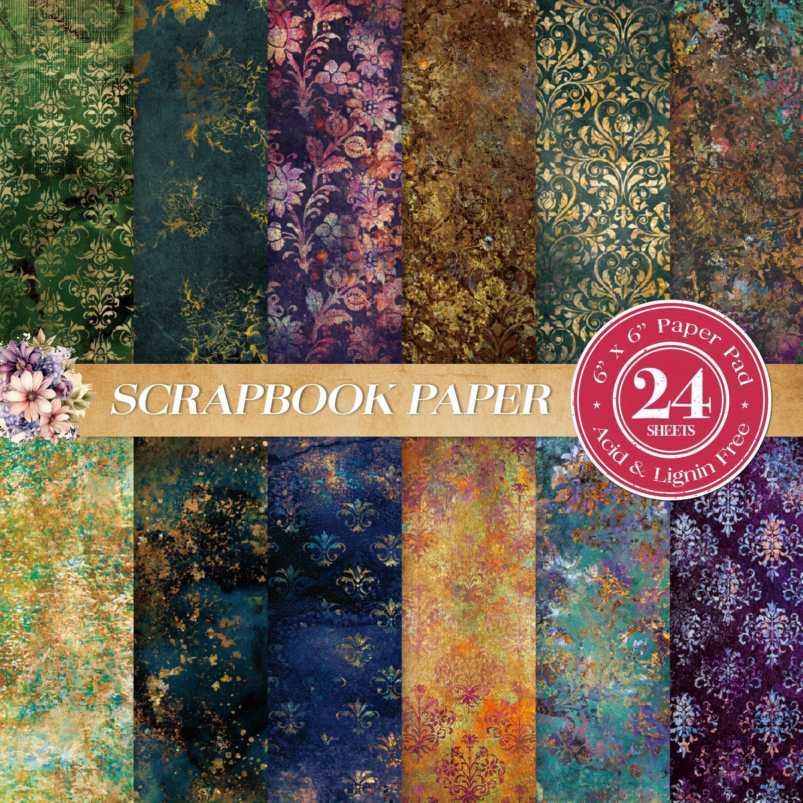 

24pcs Vintage Baroque Scrapbook Paper, Multi-color Metallic Shimmer, Fantasy Theme, Acid-free 6" Squares, Perfect For Journaling, Greeting Cards, Photo Albums, Diy Crafts & Gift Wrapping