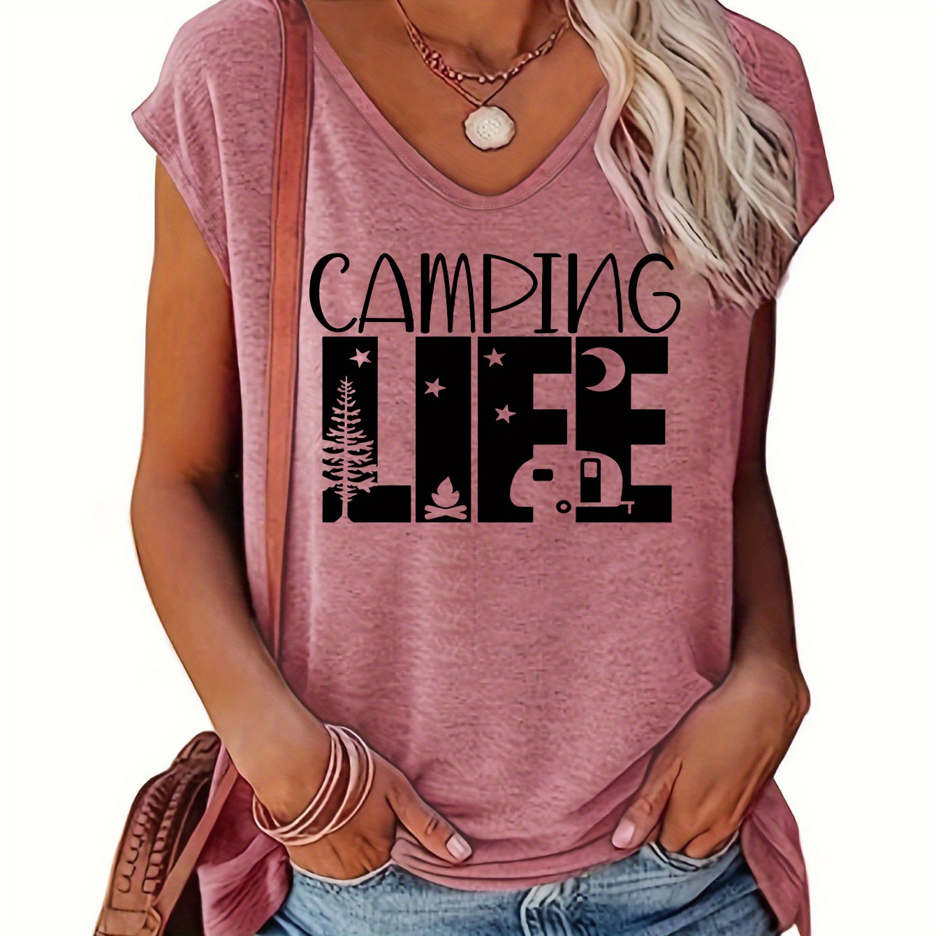 

Camping Cap Sleeve Top, Casual Top For Summer & Spring, Women's Clothing