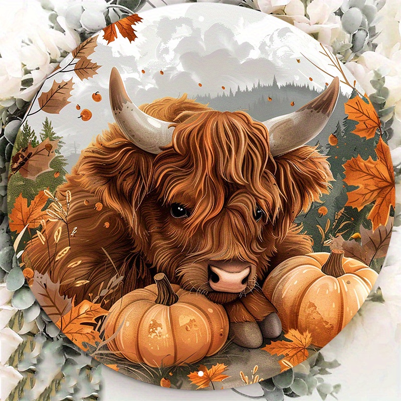 

Aluminum Metal Round Sign With Cute Highland Cow & Pumpkins - 8x8 Inch Autumn Wreath Decor Door Hanger - Waterproof Hd Printed Wall Art Lzf173