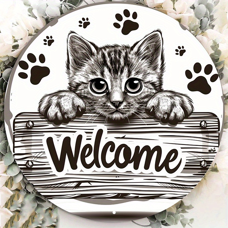 

Cute Cat Welcome Sign - 8x8 Inch Round Aluminum Metal Wall Decor With Peeking Kitten Design - Waterproof, Weather-resistant Door Hanger With Pre-drilled Holes - High-quality Hd Printing For Home Decor