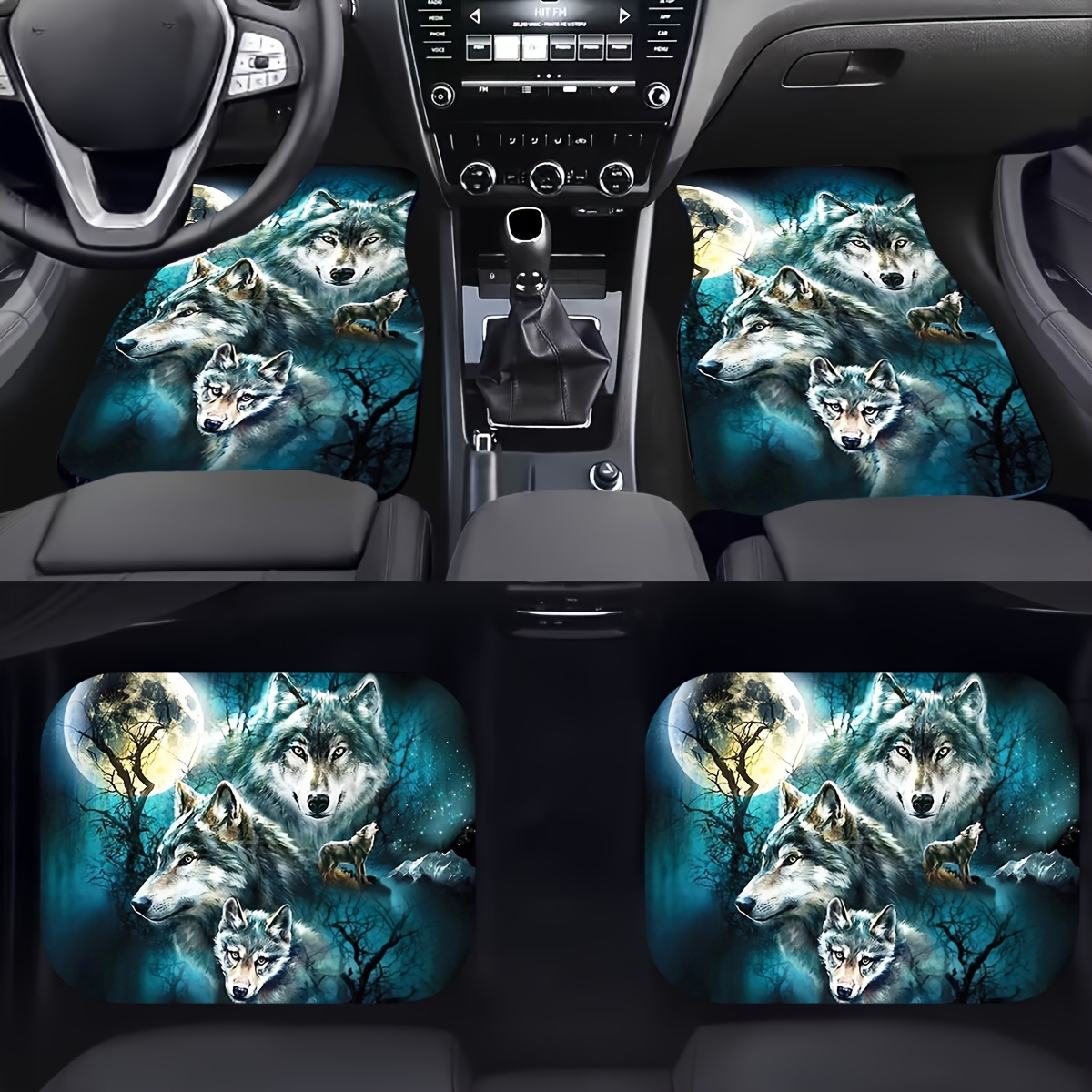 

4pcs/set Car Floor Mats, Wolf Printed Car Floor Mats, Front And Rear Seats Floor Mats, Car Decorative Accessories