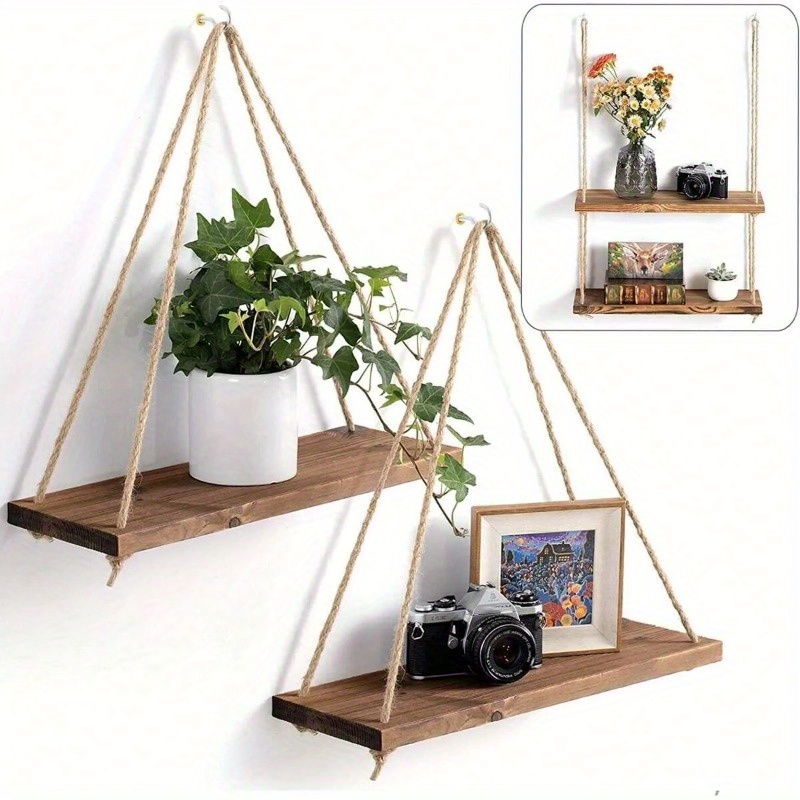 

Chic Wooden Floating Shelf With Adjustable Hemp Rope - Perfect For Plants, Flowers & Decor | Easy Install, No-damage Wall Mount Design | Ideal For Living Room, Bedroom, Bathroom Hanging Decor For Home