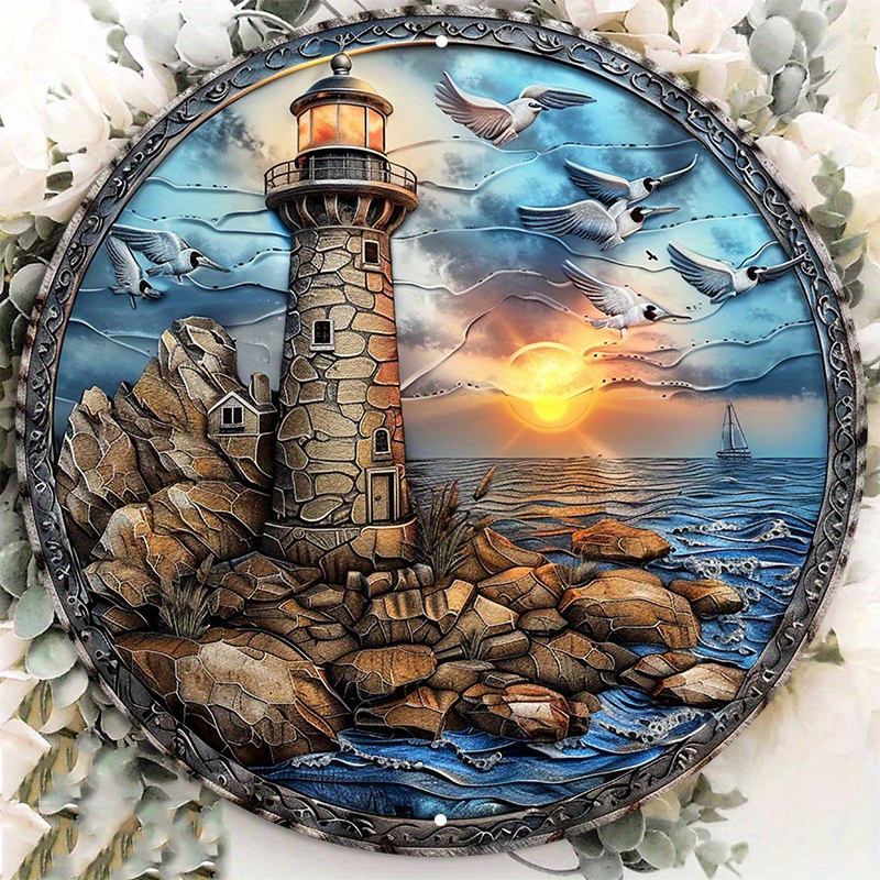 

Lighthouse By The Seaside - 8x8" Round Aluminum Wall Sign | Uv & Scratch Resistant, Easy-hang Outdoor/indoor Decor