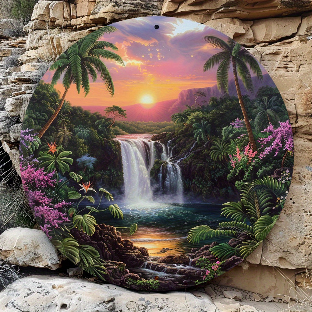 

Tropical Paradise Waterfall Sunset Round Metal Wall Art, Aluminum Outdoor Weather-resistant Sign - Perfect For Wedding, Bridal Shower, Birthday, Bachelor Party, Anniversary Decor - 1pc