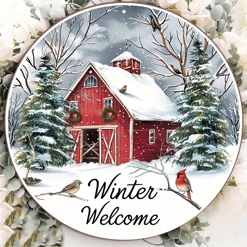 

8-inch Round Aluminum Winter Welcome Sign With Red Barn And Snow Scene - Waterproof Metal Door Hanger Wall Decor