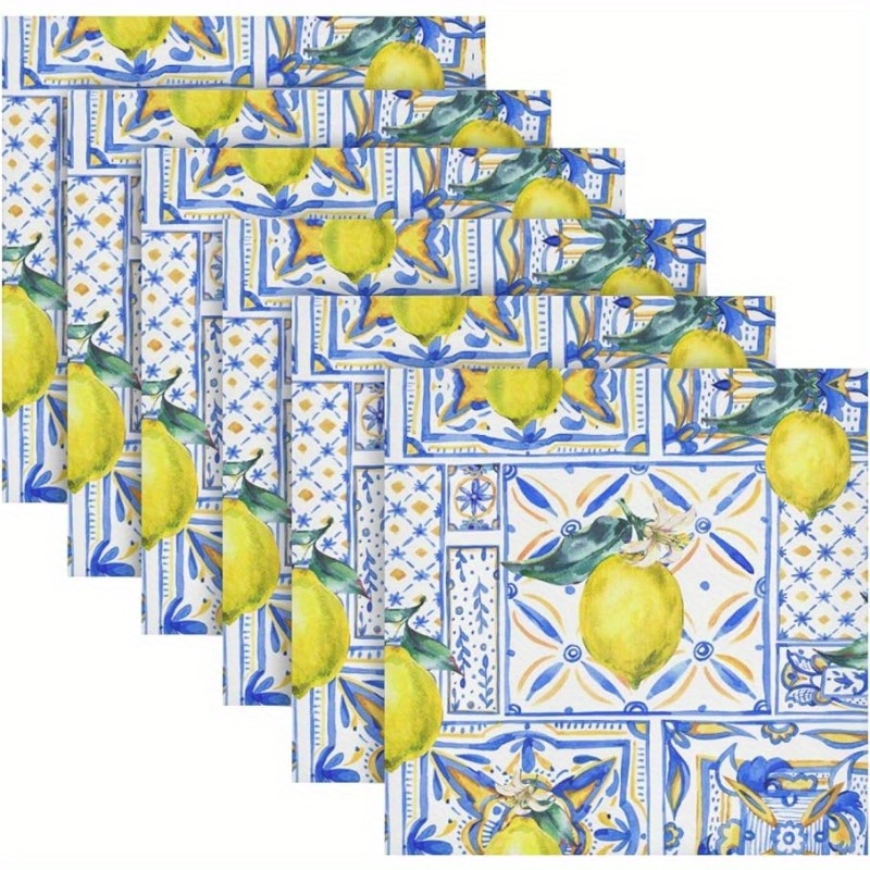 

4pcs, Napkins, Summer Theme Fresh Lemon And Blue Geometric Pattern Polyester Cloth Napkins, Reusable Colorful Printed Dinner Napkins, Washable Table Napkins