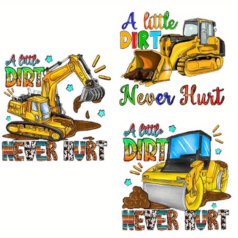 TEMU 3-pack Engineering Vehicle Series Heat Transfer Hot Stamping Diy Excavator Forklift Iron-on Patch Suitable For Shirts, Backpacks, Fabrics