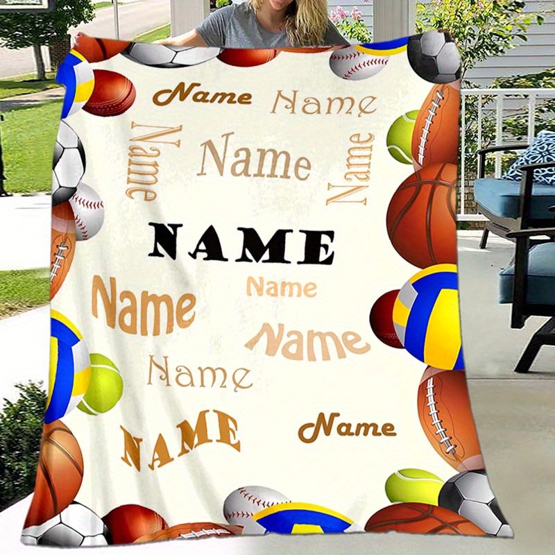 

1pc Blanket, Personalized Custom Name Blanket, Sports Balls Pattern Text Nap Blanket, 4 Seasons Outdoor Travel Leisure Blanket, For Birthday Gift