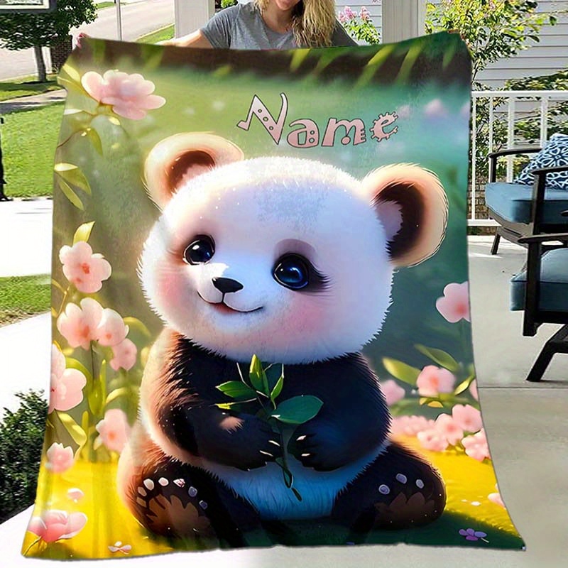 

1pc Blanket, Personalized Custom Your Name Blanket, Cute Panda Animal Pattern Text Nap Blanket, 4 Seasons Outdoor Travel Leisure Blanket