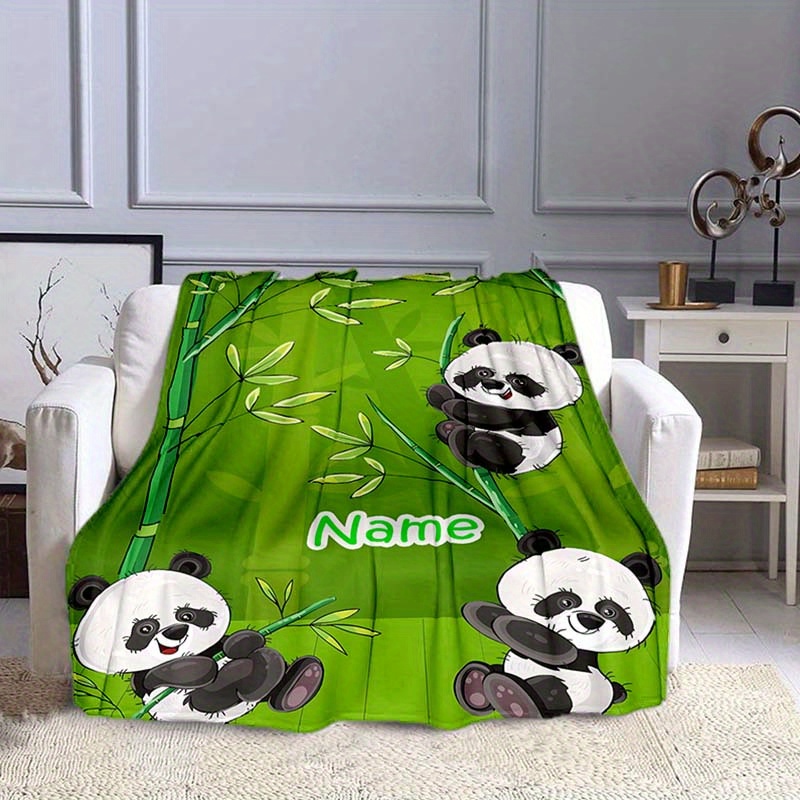 

1pc Blanket, Personalized Custom Your Name Blanket, Cute Pandas Animal Pattern Text Nap Blanket, 4 Seasons Outdoor Travel Leisure Blanket, For Birthday Gift