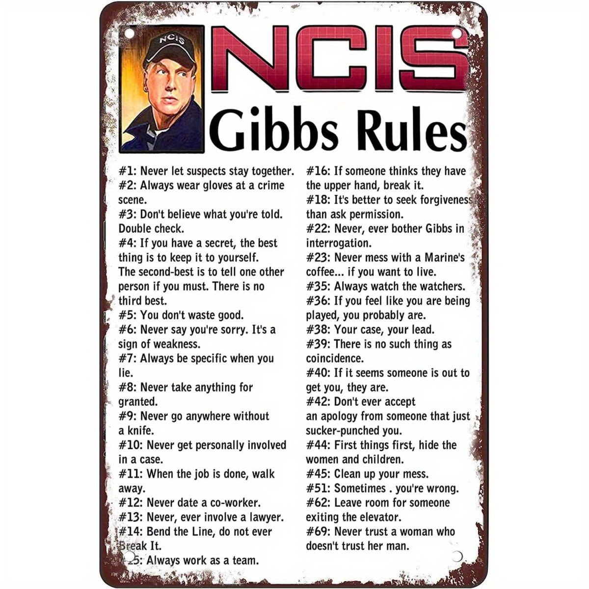 

Ncis Gibbs Rules Vintage Metal Sign - Iron Wall Decor For Home, Garage, Bar, Bakery, Kitchen, Cafe - 30.48 X 20.32 Cm Retro Humor Poster With 69 Rules For Life Guidance