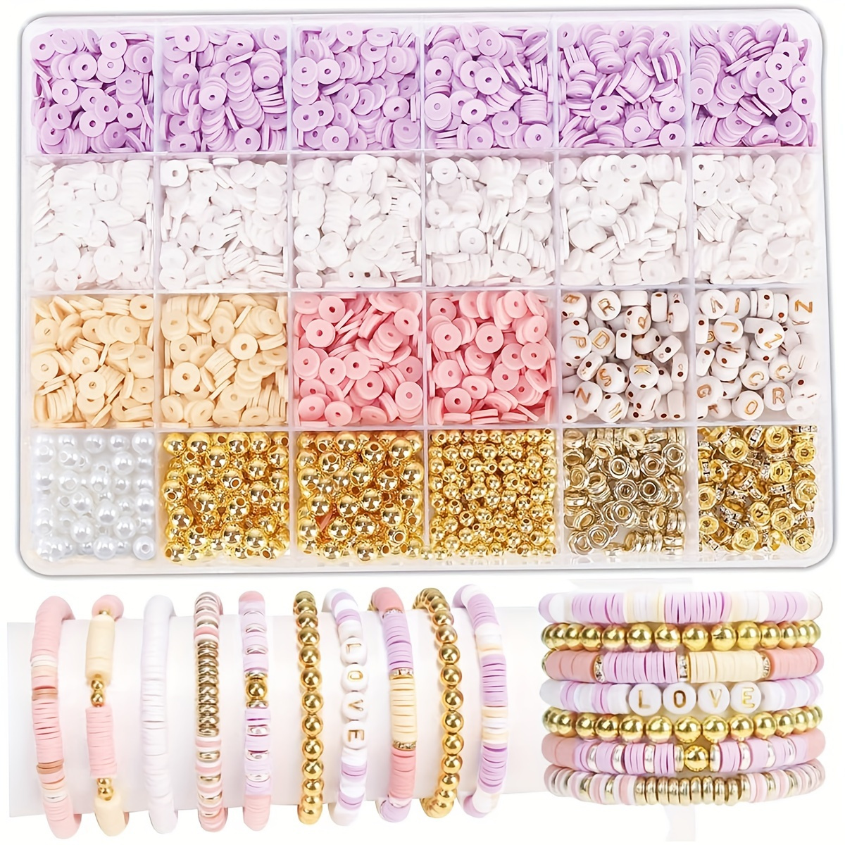 

1600-piece Bohemian Style Diy Bracelet Making Kit With Golden Letter Beads, Ccb Spacers & Crystal String - Pink, White, Brown Polymer Clay Friendship Bracelet Craft Set For Women