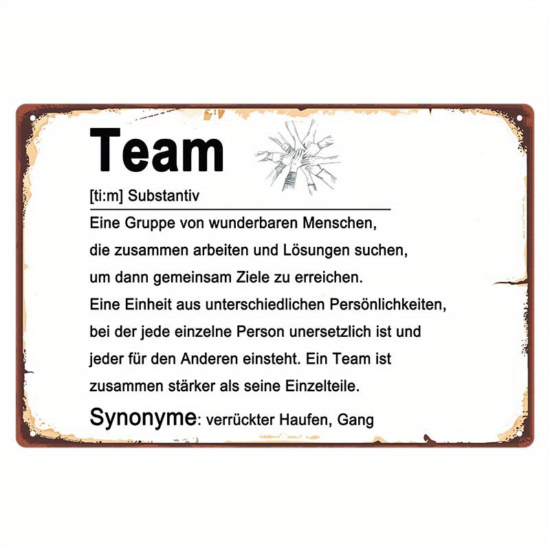 

1pc German Inspirational Team Quote Iron Metal Sign - Motivational Office Wall Decor - Colleague Appreciation, Employee Christmas & Farewell Present, Job Transition Gratitude Plaque 8x12 Inch