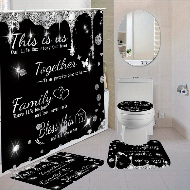 

1/4pcs Inspirational Quotes Shower Curtain And Mats, Waterproof Shower Curtain With 12 Hooks, Non-slip Bathroom Rug, Toilet Mat, Toilet Lid Cover Pad, Bathroom Decor, Shower Curtain Sets For Bathrooms