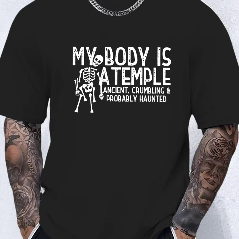 

My Body Is Atemple" Stylish Print Summer & Spring Tee For Men, Casual Short Sleeve Fashion Style T-shirt, Sporty New Arrival Novelty Top For Leisure