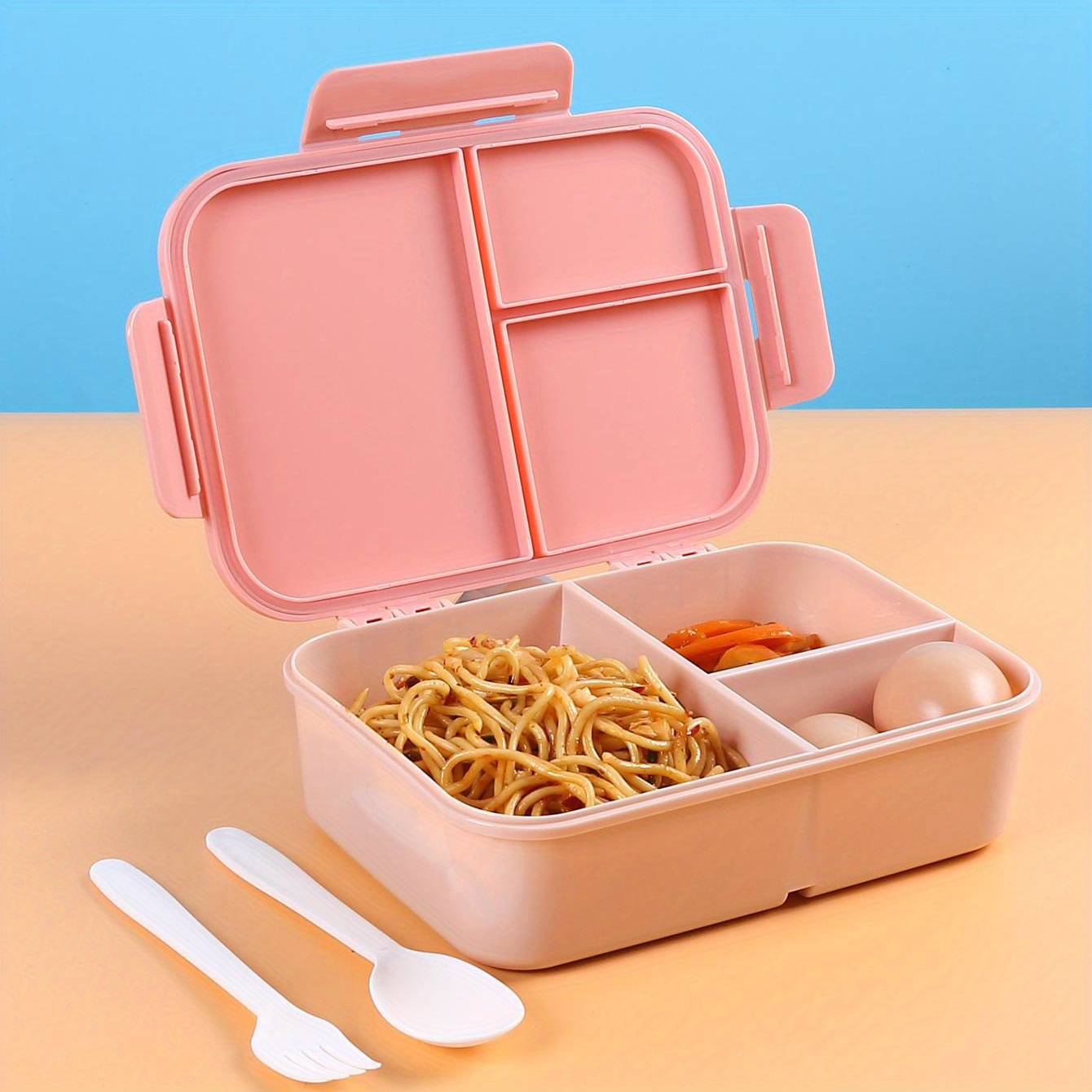 

1pc, Portable Flip Top Lunch Box With Tableware, Large Capacity Food Grade Plastic Lunch Box, Sealed Container For Travel Food, Very Suitable For Camping, Picnics, And Office Dining