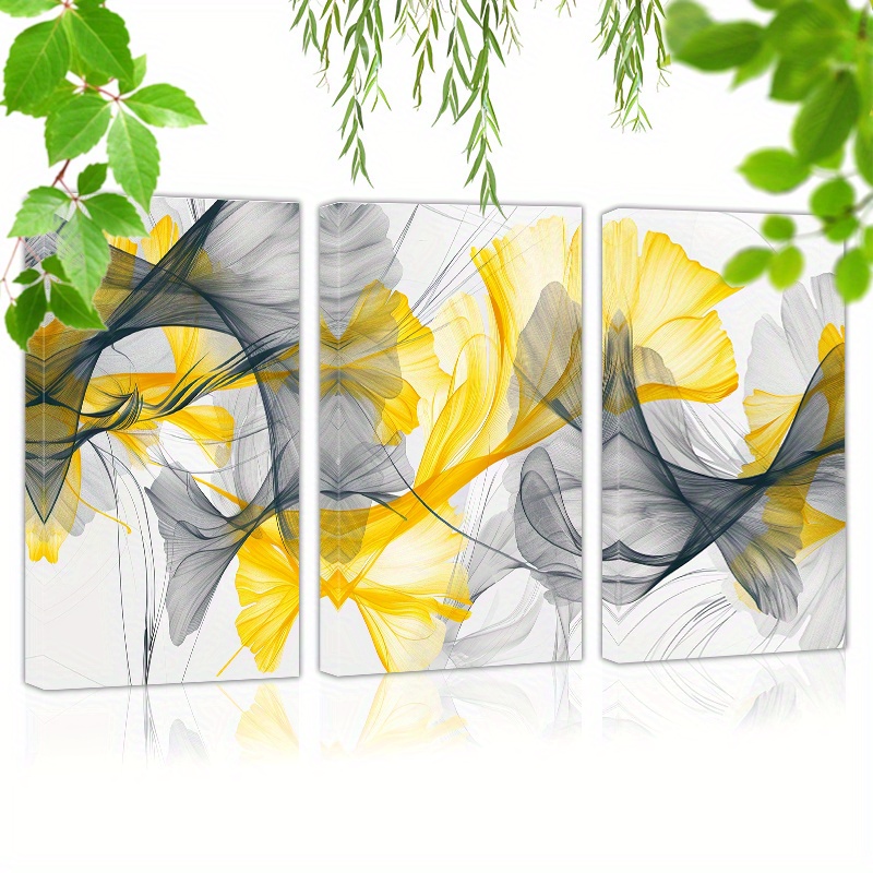 

Framed Set Of 3 Canvas Wall Art Ready To Hangabstract Art Of Ginkgo Leaves In Yellow And Gray, With Swirling Lines (3) Wall Art Prints Poster Wall Picrtures Decor For Home