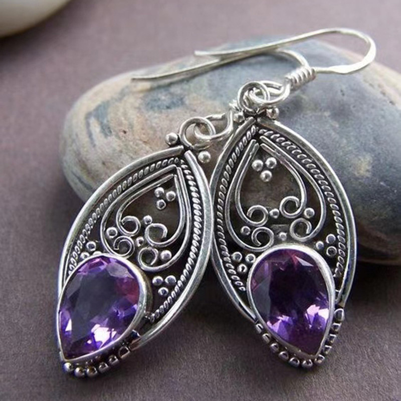 

Handmade Amethyst Design Dangle Earrings - Copper Jewelry Synthetic Gems Inlaid Gift For Her