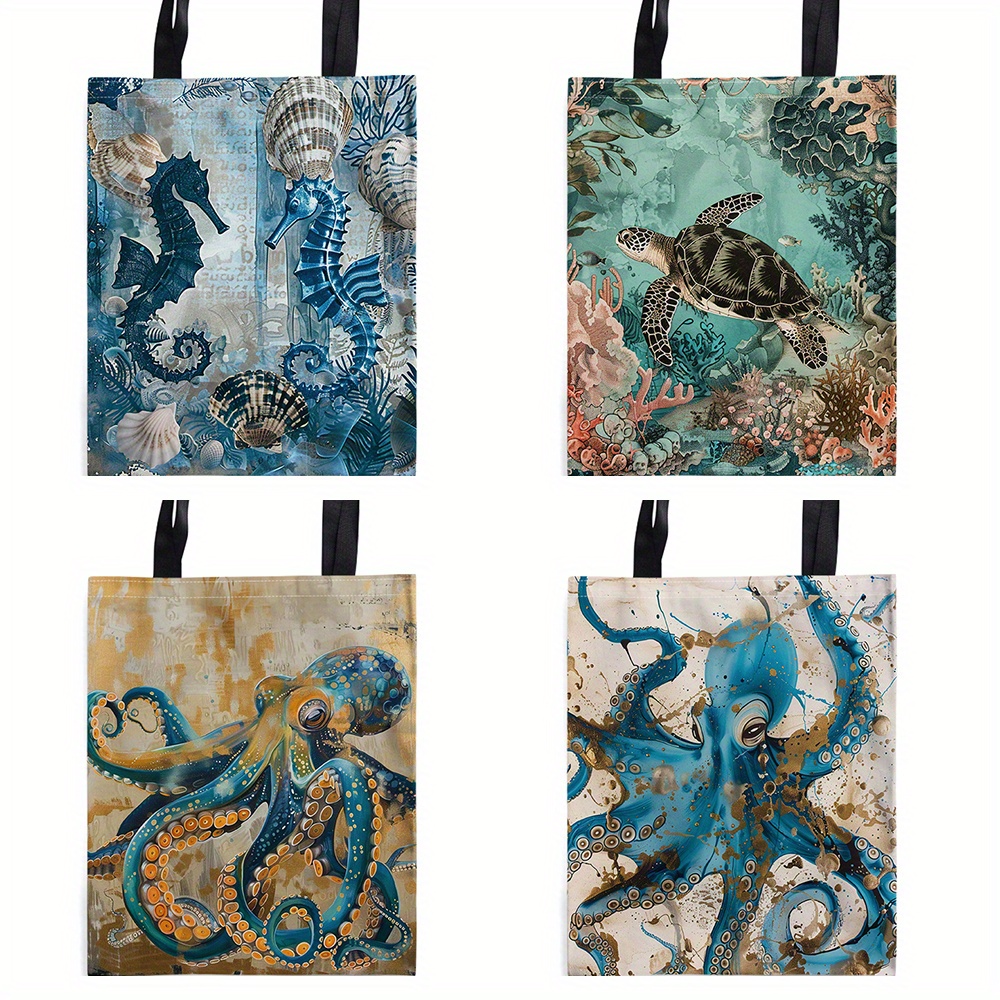 

Ocean Themed Canvas Tote Bag With Retro Sea Life Illustrations, Shoulder Shopping Bag With Seahorse, Turtle, Octopus, Coral Design