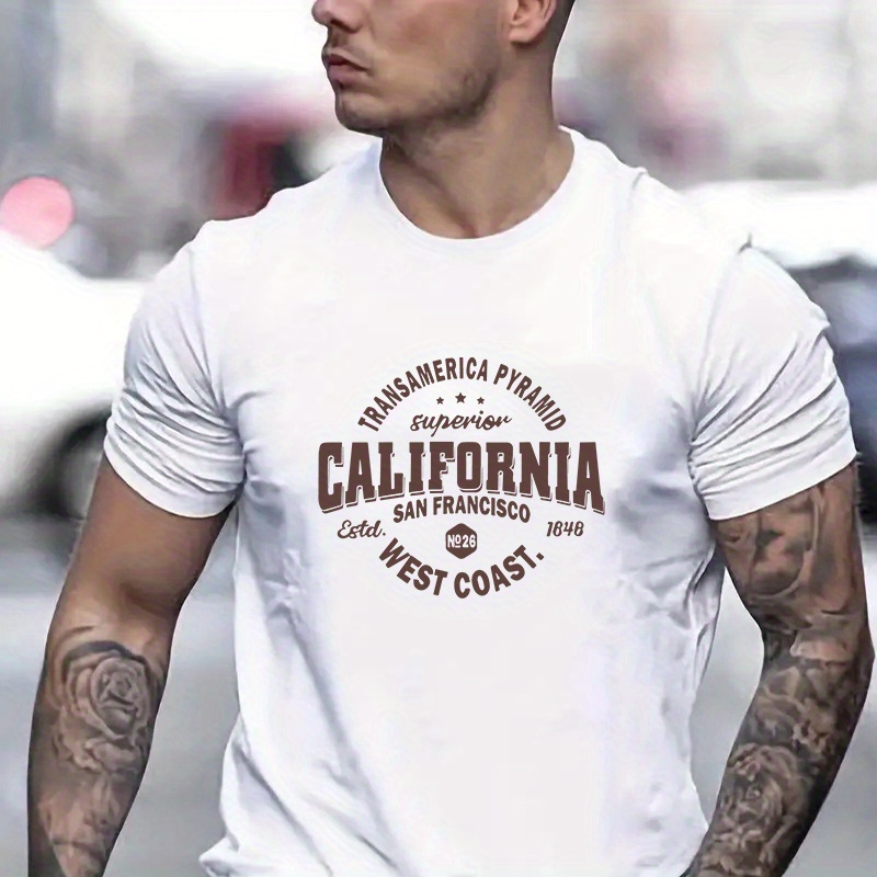 

California Print, Men's Round Crew Neck Short Sleeve, Simple Style Tee Fashion Regular Fit T-shirt, Casual Comfy Breathable Top For Spring Summer Holiday Leisure Vacation Men's Clothing As Gift