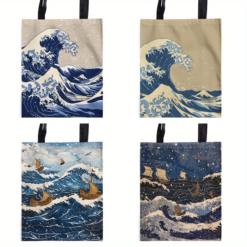 

1pc, "the Great Wave Off Kanagawa" Japanese Art Inspired Canvas Tote Bag, Retro Ocean Wave Painting With Sailing Boat Design, Shopping Bag