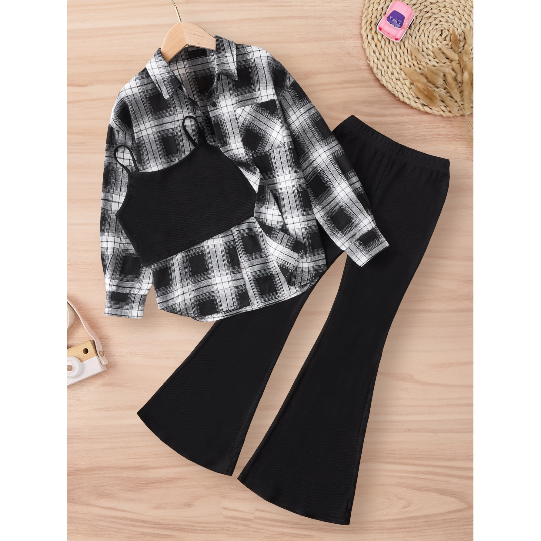 

3pcs, Girls Plaid Long Sleeve Shirt + Cami Top + Flare Pants Set, Classic Casual Outfits For Outdoor Party