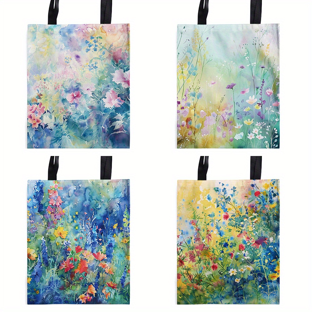 

1pc Floral Canvas Tote Bag With Blooming Rose Bouquet Pattern, Shopping Bag, Lightweight Carryall Handbag