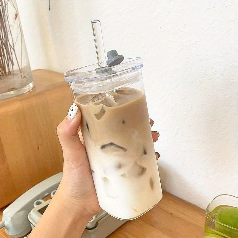 

1pc, Rectangular Water Cup, Transparent Heat-resistant Glass Cup, Milk Tea Coffee Mug With Straw, Portable Drinking Cup