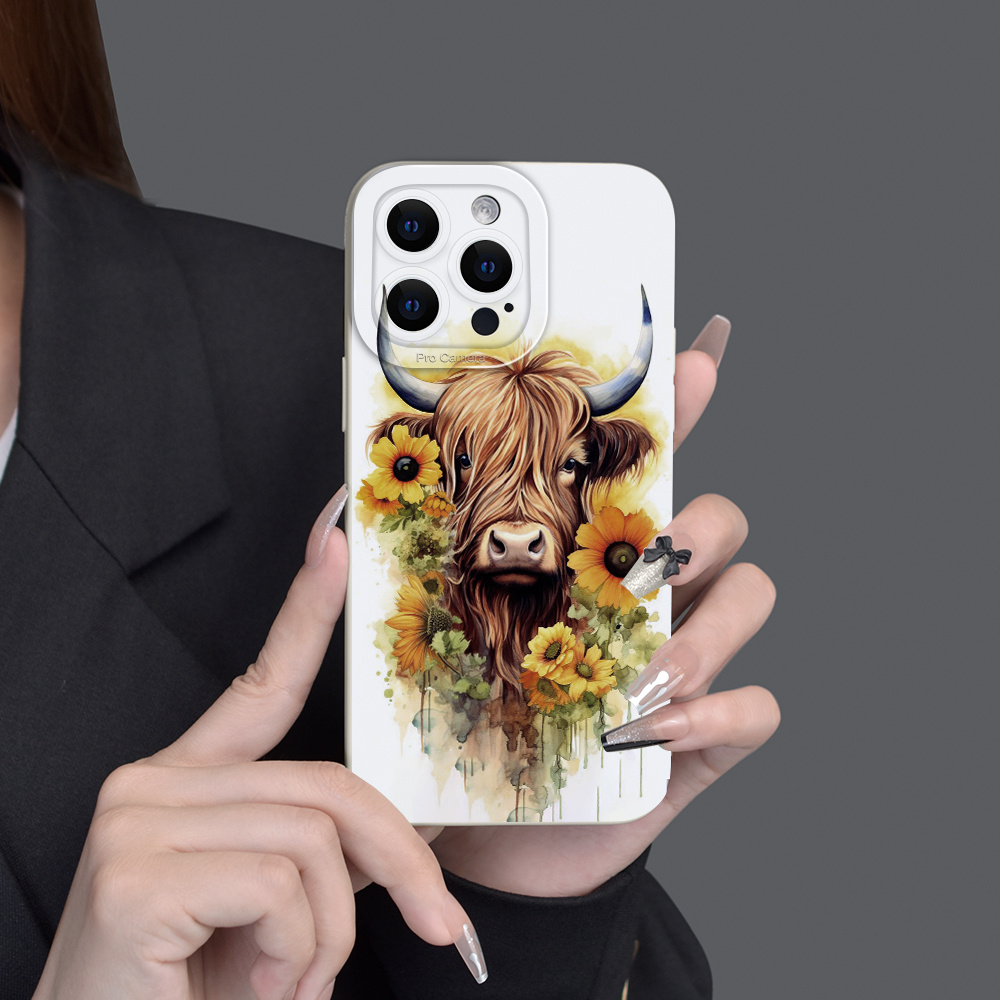 Highland Cow and Sunflower Pattern Phone Case Full Body Protective Shockproof Anti Fall TPU Cover for iPhone 15 14 13 12 11 XS XR X 7 8 Mini Plus Pro