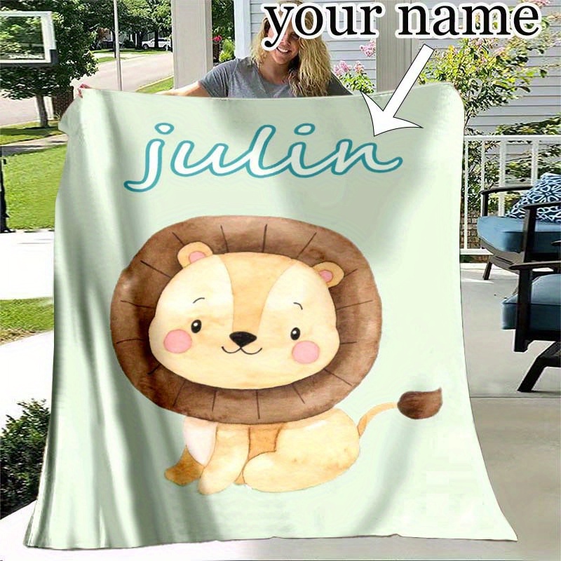 

1pc Custom Name Blanket, Cute Cartoon Lion Printed Pattern Outdoor Nap Portable Blanket