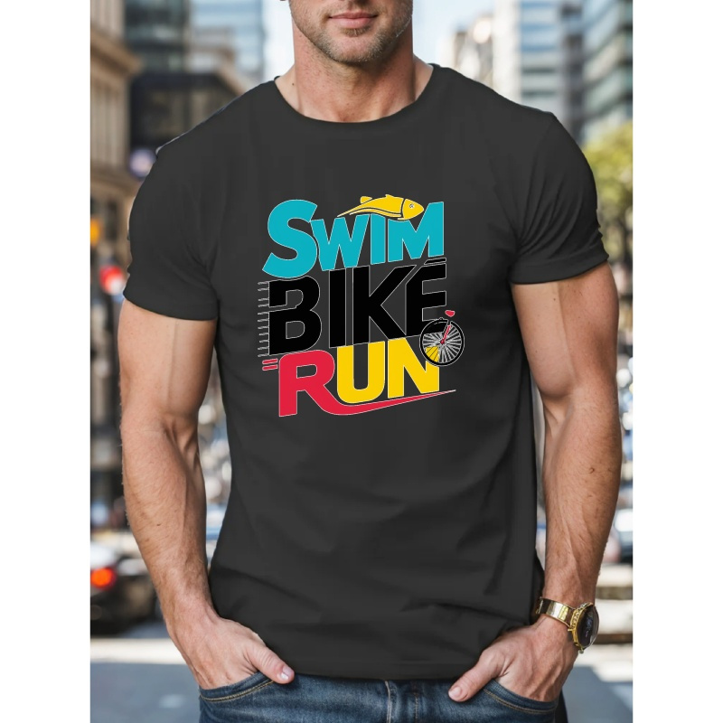 

Swim Bike Run Print Tee Shirt, Tees For Men, Casual Short Sleeve T-shirt For Summer