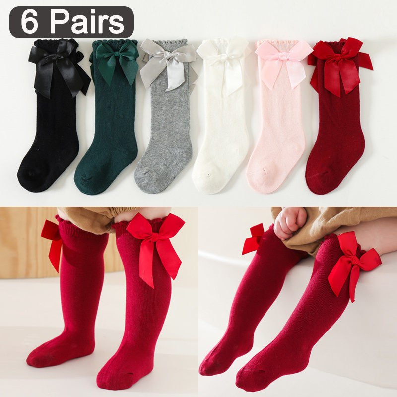 

6 Pairs Of Kid's Cotton Bow Design Knee-high Socks, Comfy & Breathable Soft & Elastic Socks For Spring And Summer