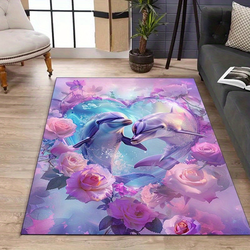 

Charming Rose & Dolphin Non-slip Rug - Hand Washable, Perfect For Bedroom, Living Room, Study, Or Gaming Area - Durable Polyester Home Decor Mat