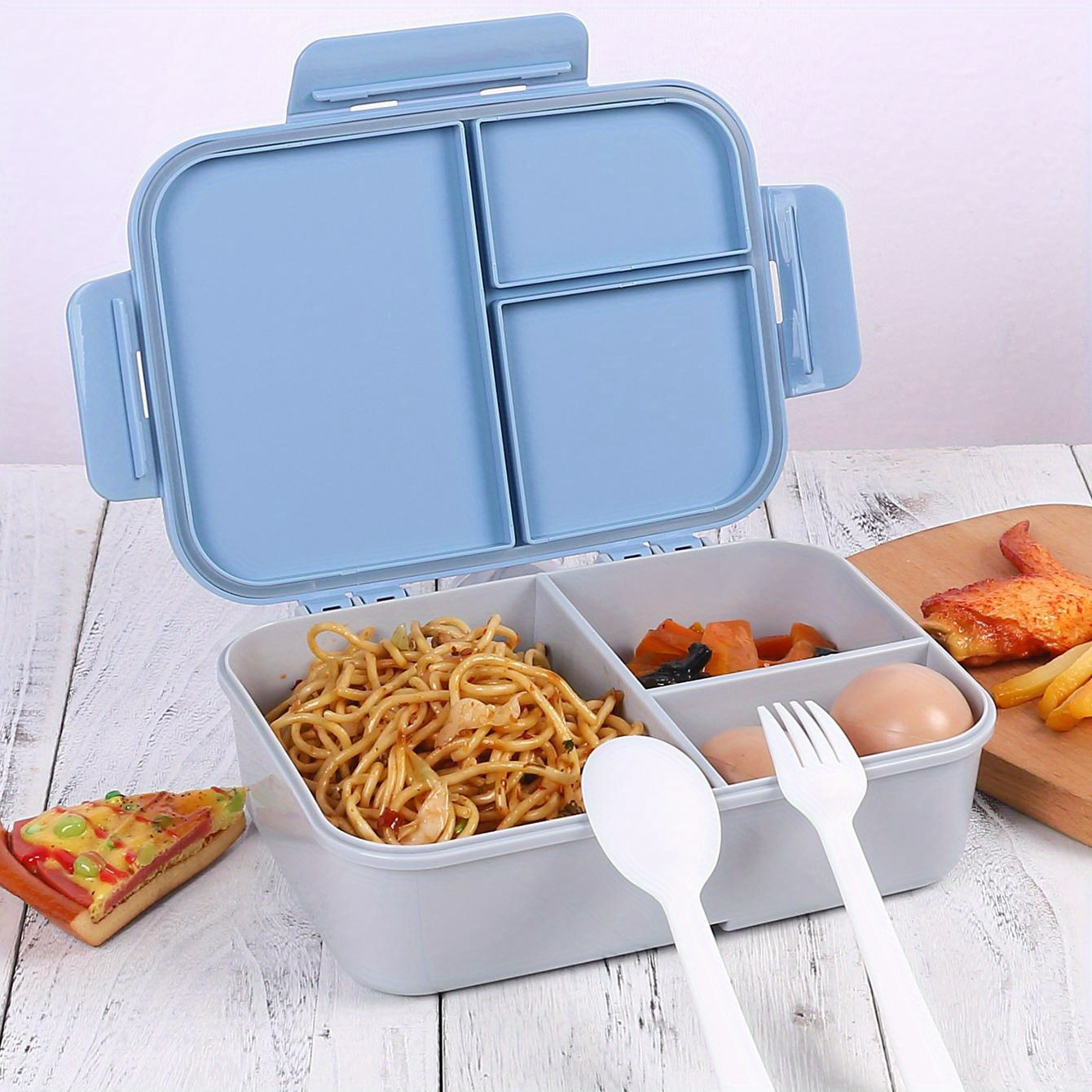 TEMU 1pc, Portable Flip Top Lunch Box With Tableware, Large Capacity Food Grade Plastic Lunch Box, Sealed Container For Travel Food, Very Suitable For Camping, Picnics, And Office Dining