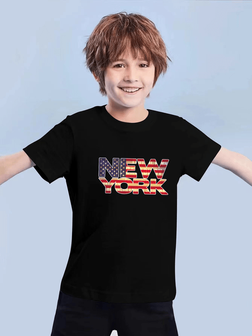 NEW YORK Print Boy's Casual T-shirt, Short Sleeve Comfy Tee Tops, Summer Spring Sports Clothing