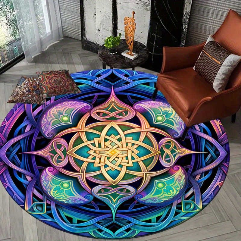 

Rainbow Celtic Knot Mandala Round Rug - Versatile Indoor/outdoor Floor Mat For Living Room, Bedroom, And Entryway Decor