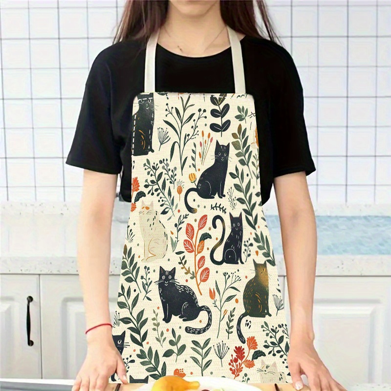 

- Cat Theme Linen Apron - 1pc Unique Cartoon Design Cooking Apron With Personality, Fashionable Artistic Kitchen Wear For Cooking Parties & Daily Tasks - 100% Woven Linen Material