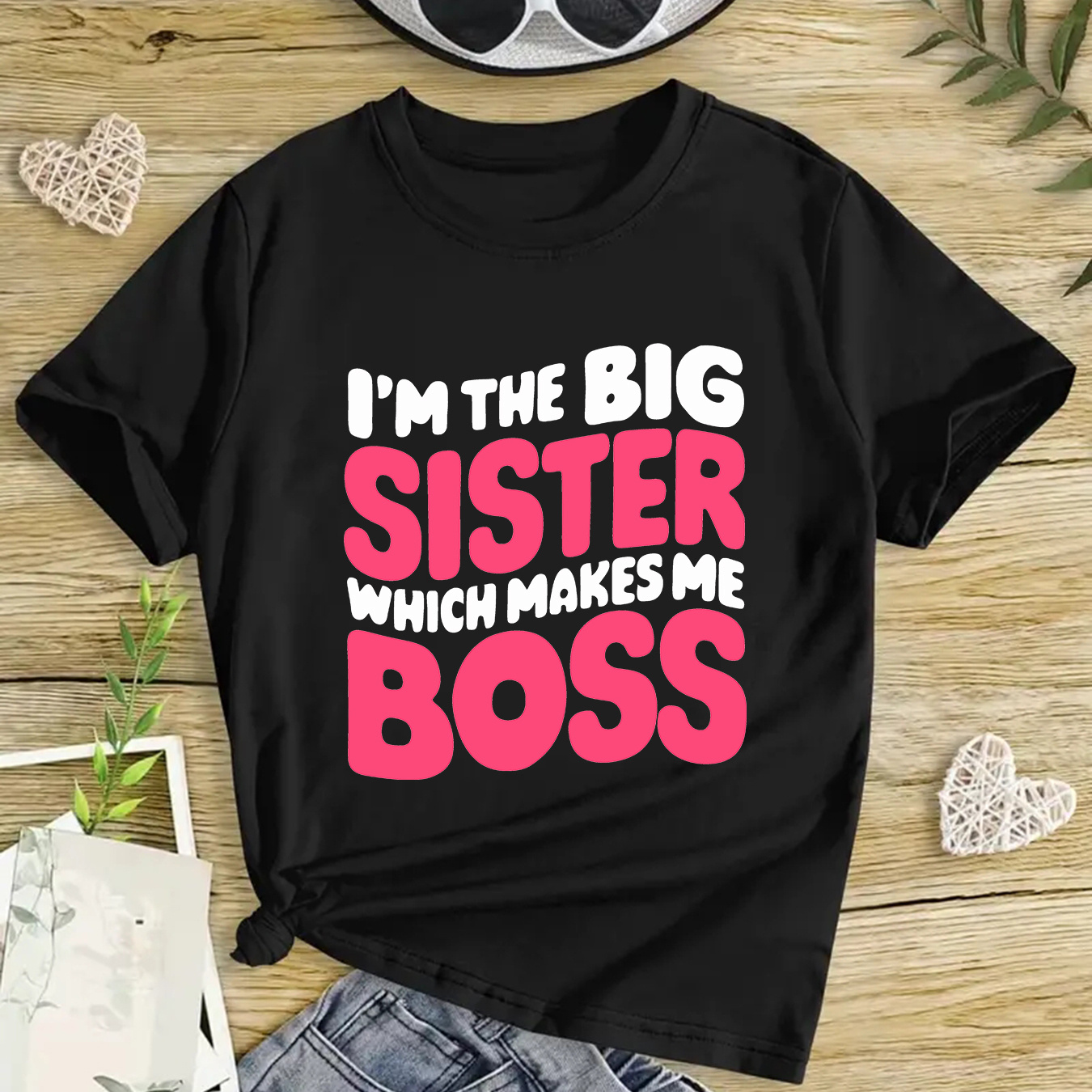 

Girls' Casual Cotton Blend Round Neck Short Sleeve T-shirt, "i'm The Big Sister Which Makes Me Boss" Graphic Tee