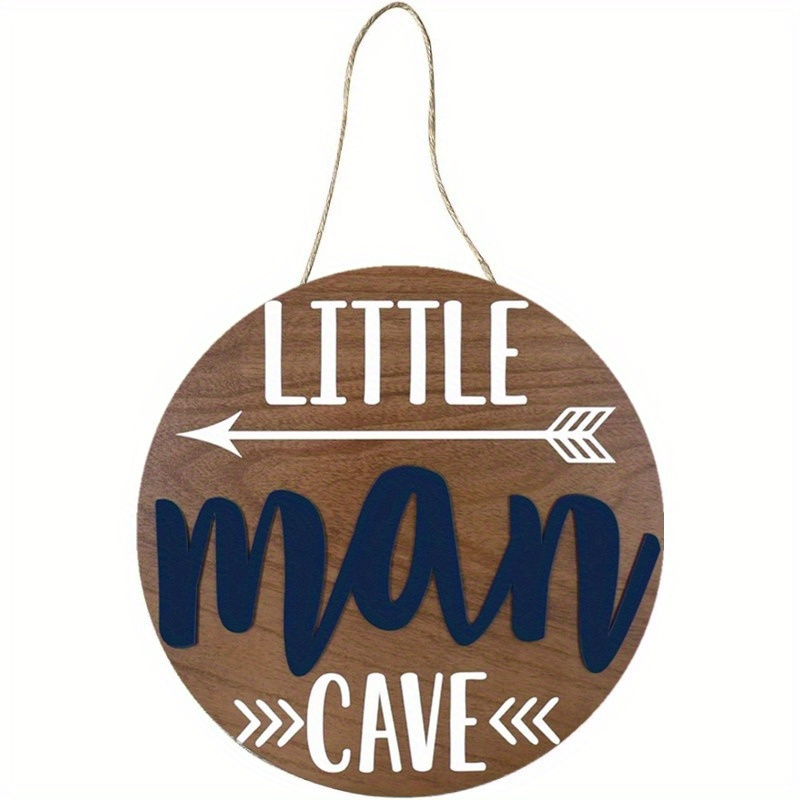 

Little Man Cave Wooden Hanging Sign - Round Wood Art Board For Boy's Nursery, Playroom, Bedroom Decor - 18cm Diameter - Charming Gift For Little Boys - All Seasons Charm