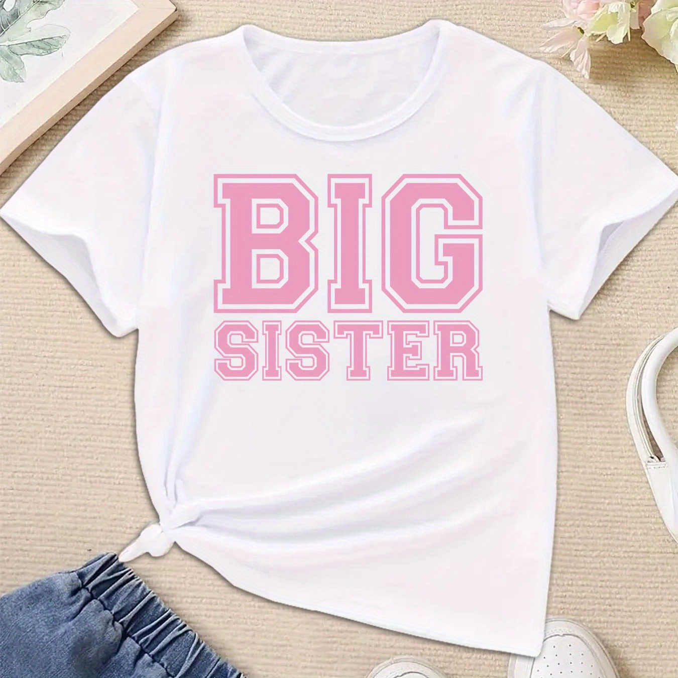 

Big Sister Creative Letter Print Design Girls Casual Comfortable Crew Neck Short-sleeved T-shirt For Summer, Fashion And All-match