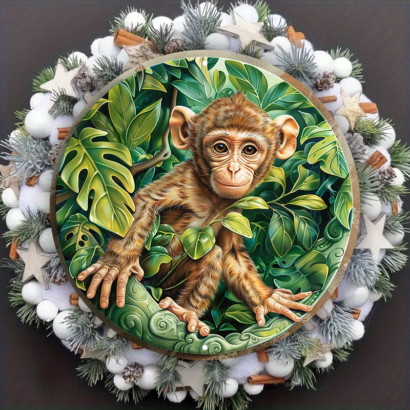 

1pc Aluminum Metal Circular Monkey & Foliage Wreath Sign, Waterproof Hd Print, Pre-drilled, Uv Resistant, 8-inch Diameter, Hippie Jungle Themed Indoor And Outdoor Decor Xb084