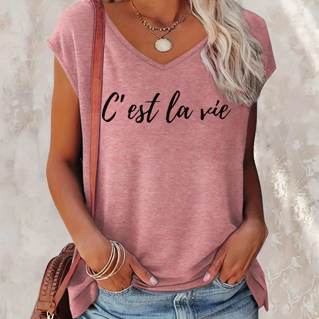 

Letter Print V Neck Tank Top, Casual Cap Sleeve Top For Summer, Women's Clothing