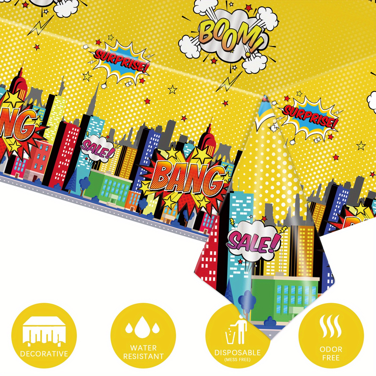 

1pc, Disposable Hero Themed Party Tablecloth, Water-resistant Plastic, Yellow Comic City Design, Decorative Odor-free Table Cover For Events