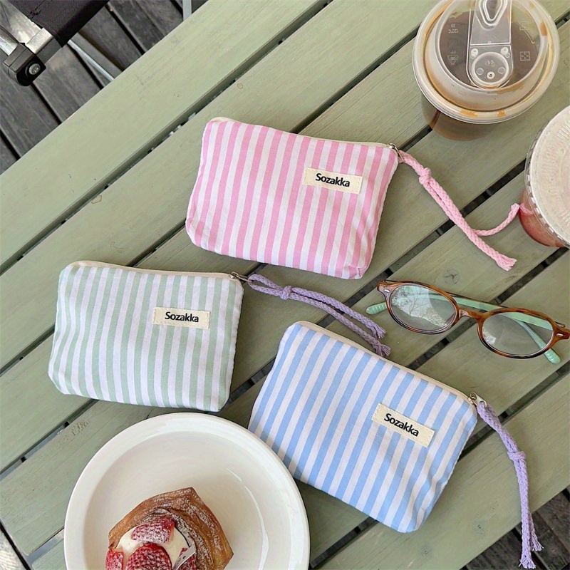 

Simple Striped Canvas Pouch, Small Portable Travel Organizer, Cosmetic Bag, Coin Purse, Lipstick & Cushion Storage Pouch