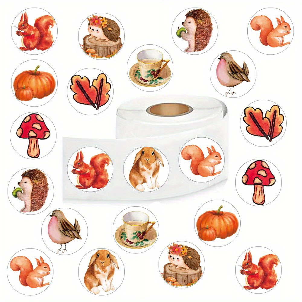 Image of A Collection Of 500 Adorable Autumn Forest Animal Stickers, Featuring 10 Different Designs, Perfect For Decorating Water Bottles, Skateboards, Luggage, Laptops, And Phones. Great As Party Favors!