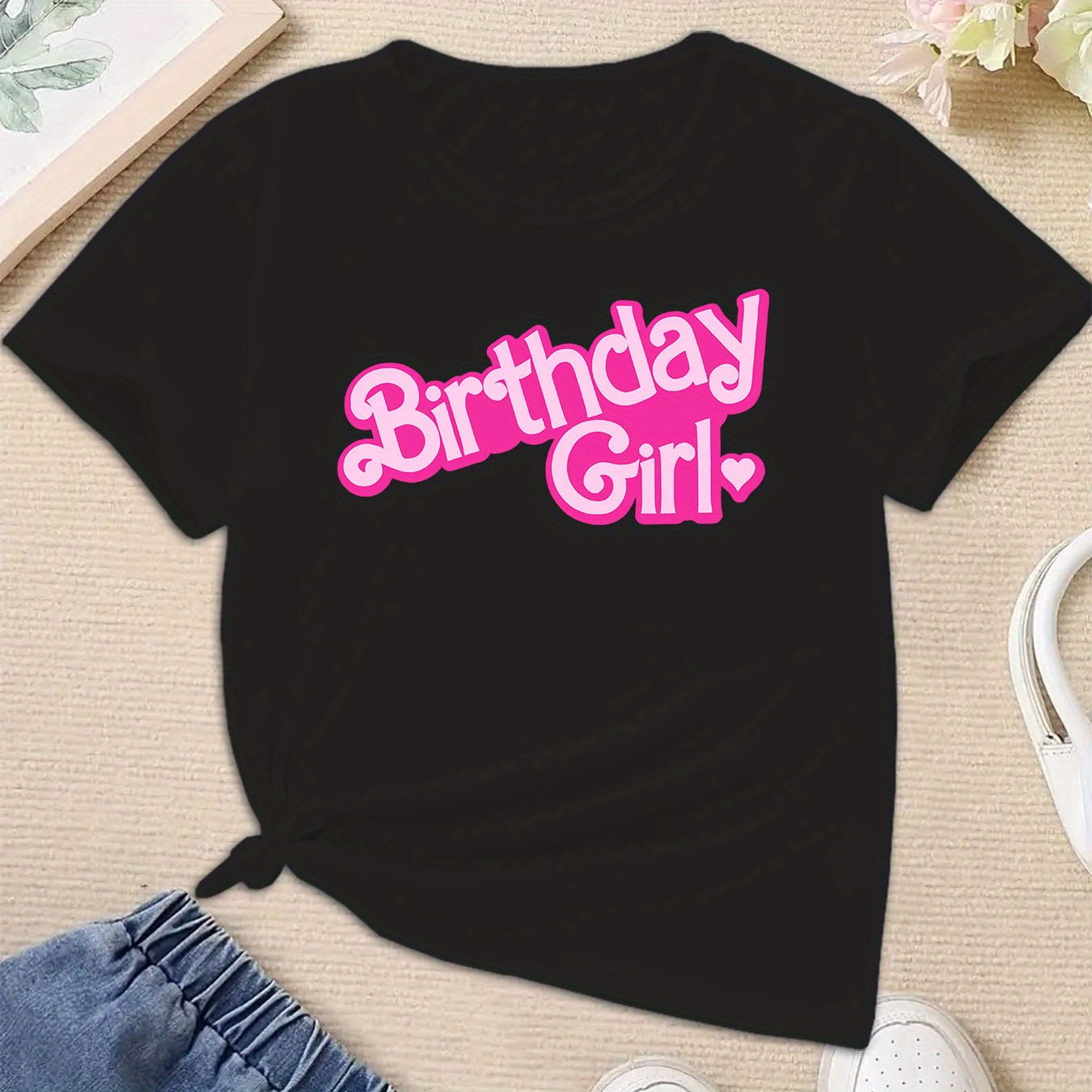 

Birthday Girl Creative Letter Print Design Girls Casual Comfortable Crew Neck Short-sleeved T-shirt For Summer, Fashion And All-match