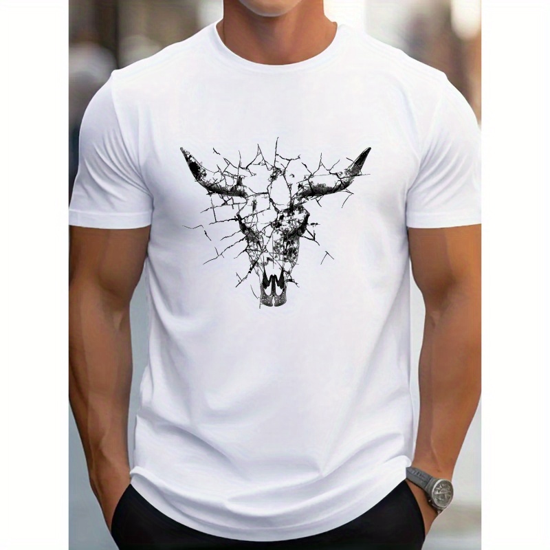 

Men's Casual Geometric Bull Skull Print T-shirt - Breathable Polyester, Crew Neck, Short Sleeve - Summer