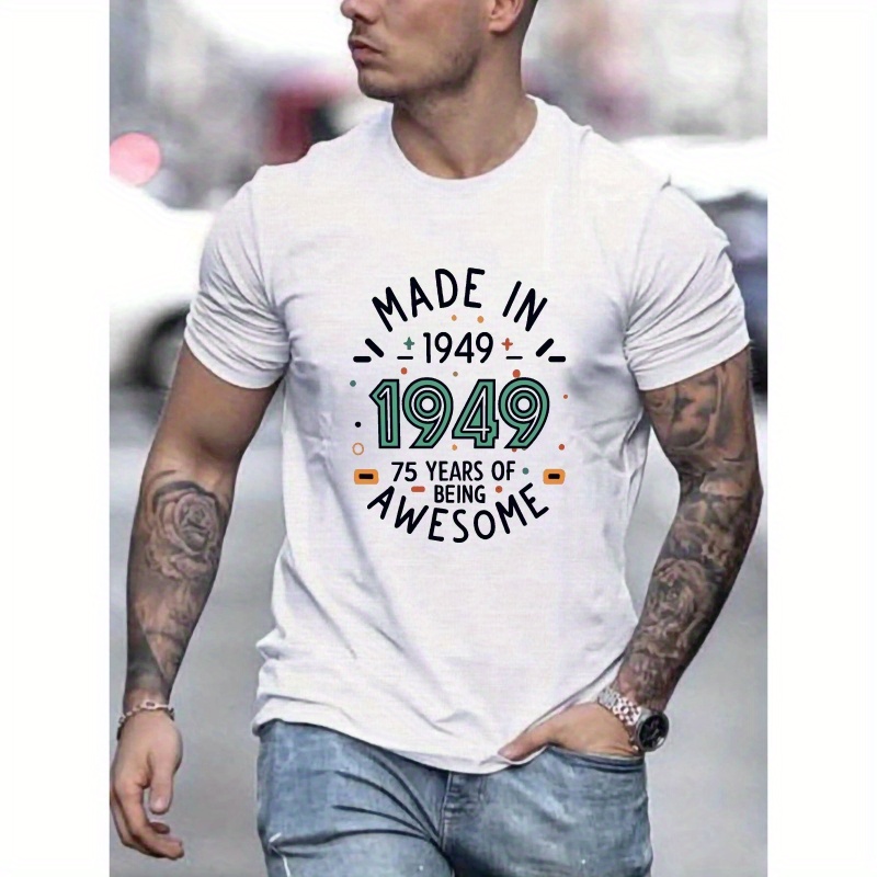 

Men's Casual Crew Neck T-shirt, 100% Polyester Knit Fabric, Geometric-patterned, Slight Stretch, Regular Fit, Summer Wear, /m² - "made In 1949" Celebratory Graphic Tee